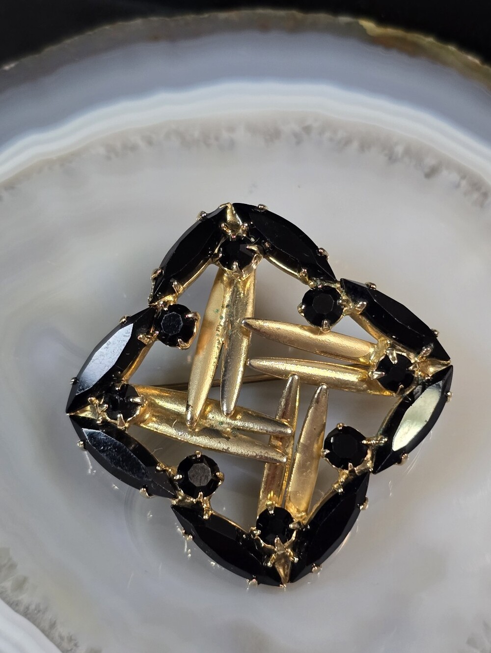 Vintage Black Glass Geometric Victorian Revival Brooch